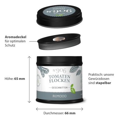 Dose Bio Tomatenflocken mit Aromadeckel, sichtbare Tomatenflocken in Flockenform.