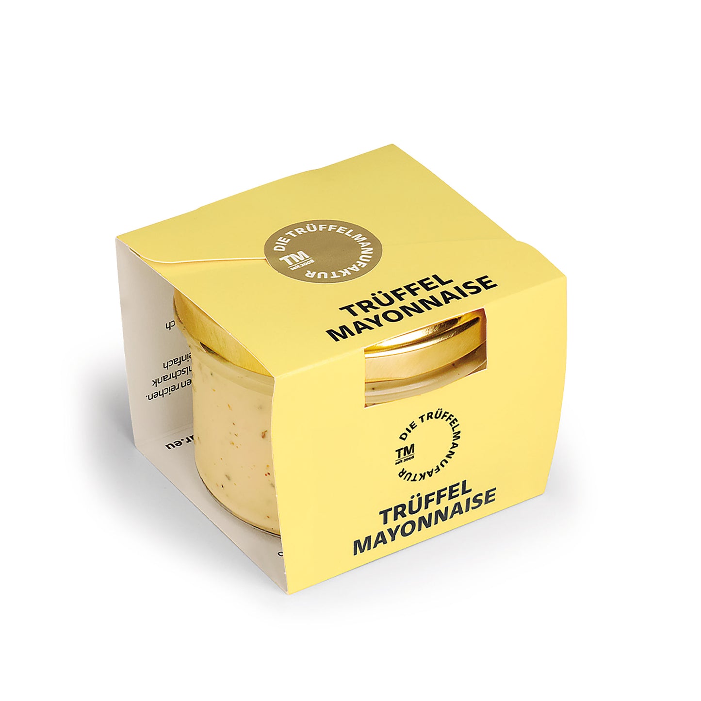 Trüffel Mayonnaise im Glas mit gelber Verpackung und quadratischem Ausschnitt oben.