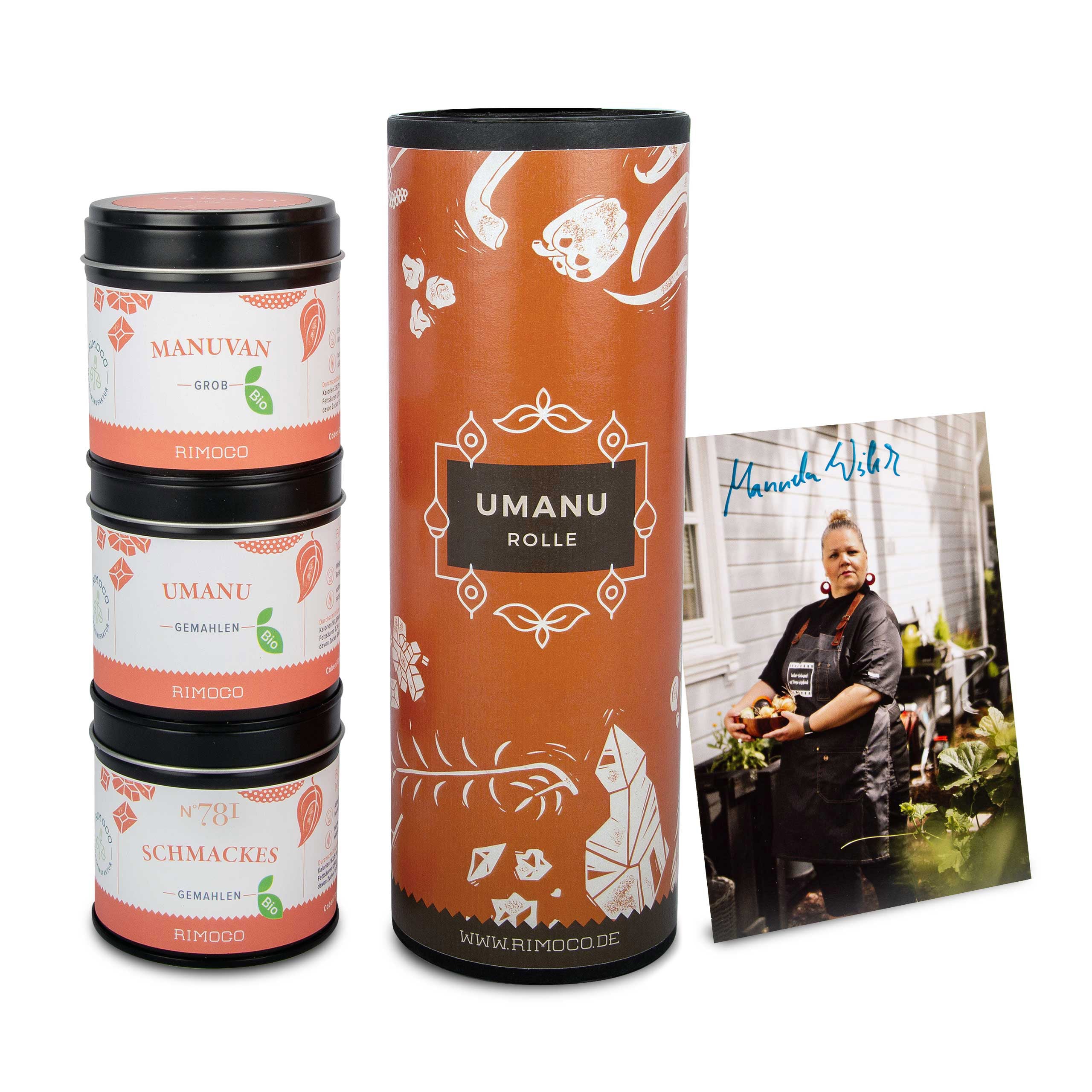 Umanu Geschenkrolle in Orange, drei Gewürzdosen, Foto einer Köchin, Bio Gewürzmischung.