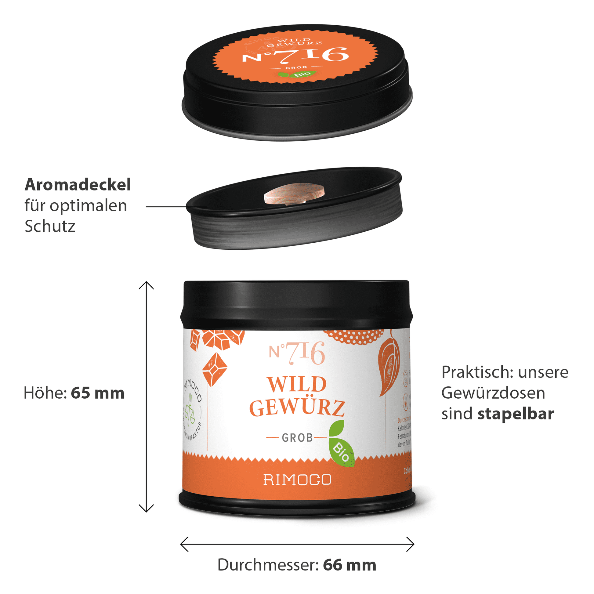 Bio Wildgewürz Dose in Schwarz und Orange mit Deckel, gestapelt und abgemessen.