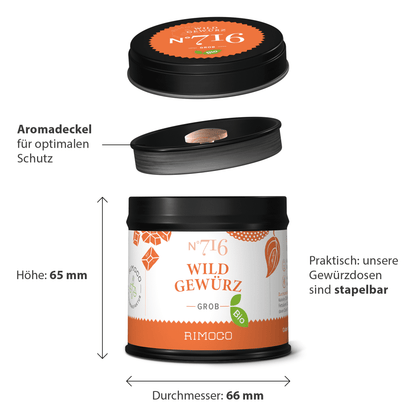 Bio Wildgewürz Dose in Schwarz und Orange mit Deckel, gestapelt und abgemessen.